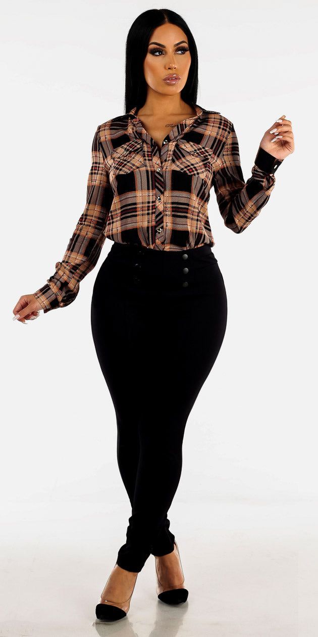Black High Waisted Dressy Skinny Pants with Plaid Long Sleeve Button Up Shirt sold by Moda