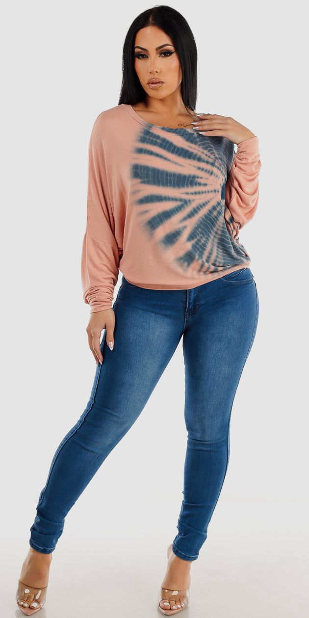 Med Wash Butt Lifting SKinny Jeans with Peach Long Sleeve Tie Dye Tunic Top sold by Moda