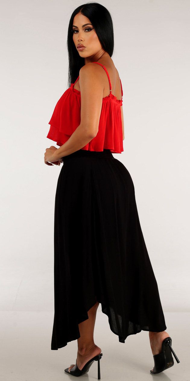 Black Smocked Waist Maxi Skirt with Red Sleeveless Ruffled Cami Crop Top sold by Moda product image thumbnail 2