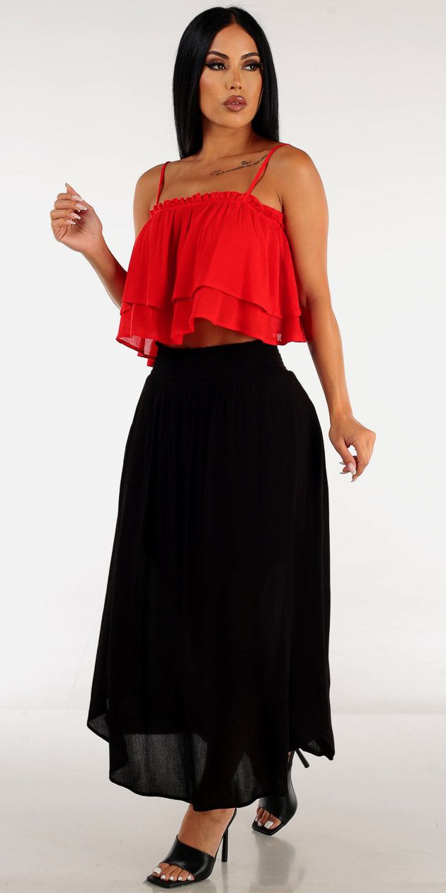 Black Smocked Waist Maxi Skirt with Red Sleeveless Ruffled Cami Crop Top sold by Moda
