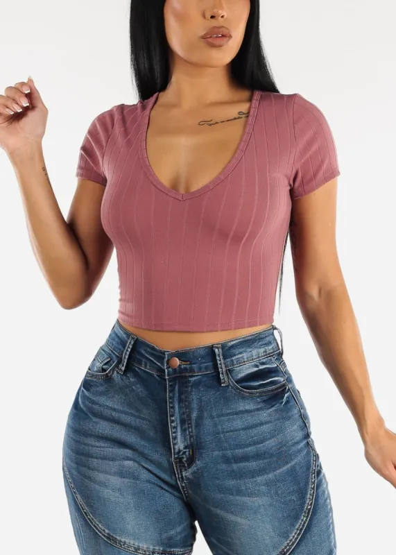 Short Sleeve Mauve Vneck Crop Top sold by Moda