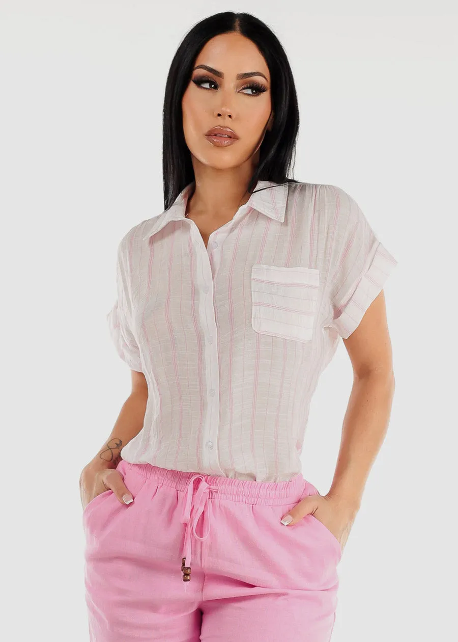 Short Sleeve Button Up Stripe Shirt White & Pink sold by Moda