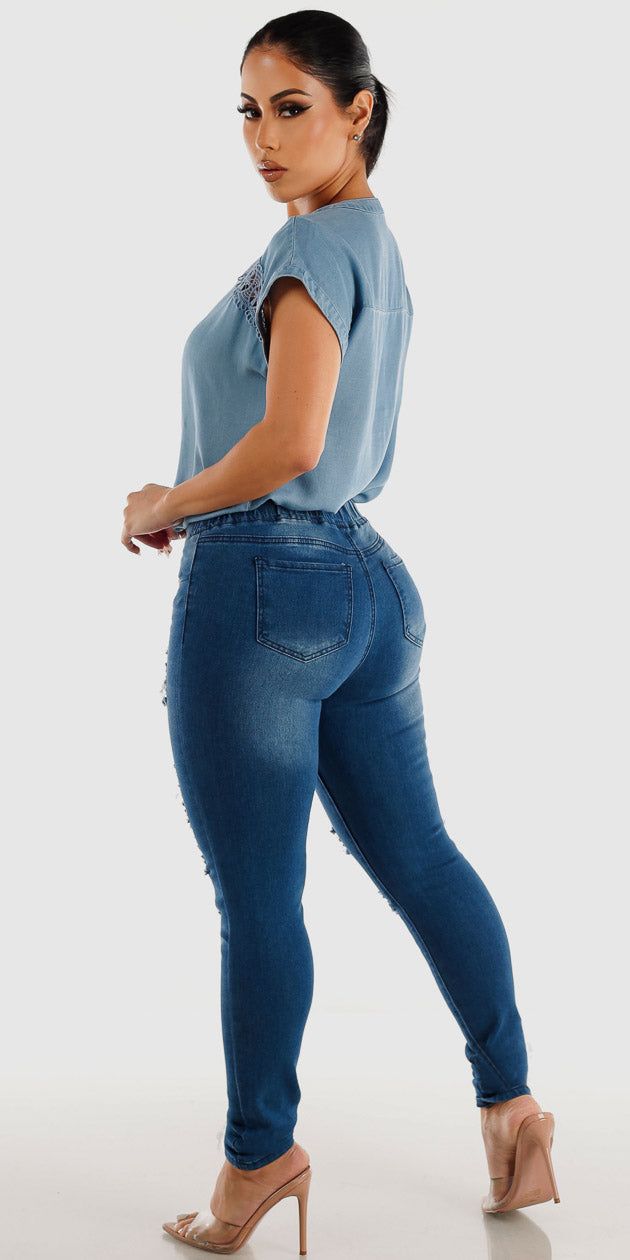 Distressed Drawstring Waist Skinny Jeans with Vneck Button Up Denim Blouse sold by Moda product image thumbnail 2