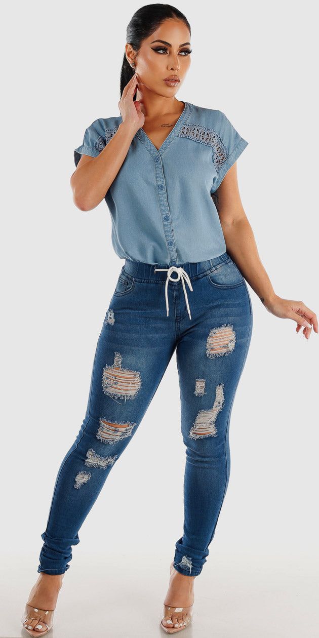 Distressed Drawstring Waist Skinny Jeans with Vneck Button Up Denim Blouse sold by Moda