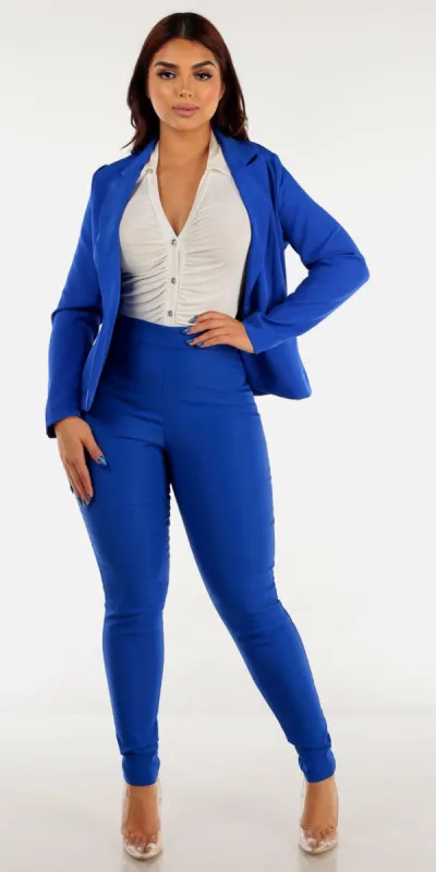 High Rise Royal Blue Skinny Pants Backless Button Down Bodysuit and Royal Blue Long Sleeve Blazer sold by Moda