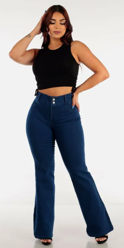 Dark Wash High Waisted Flared Jeans with Adjustable Drawstring Sides Black Crop Top sold by Moda
