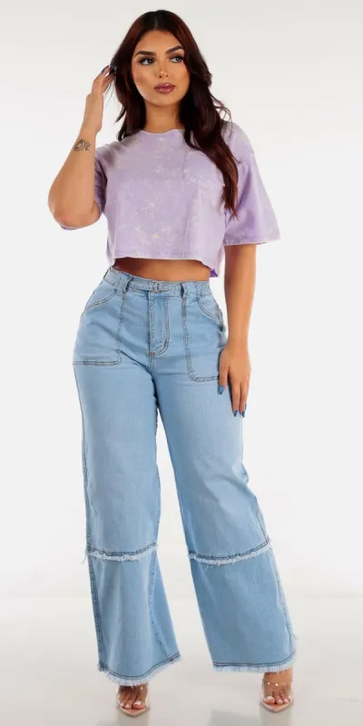 High Waisted Light Blue Utility Wide Legged Jeans with Mineral Wash Lilac Crop Top sold by Moda