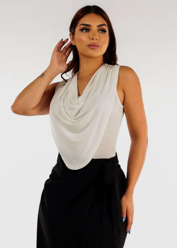 White Cowl Neckline Sleeveless Bodysuit sold by Moda