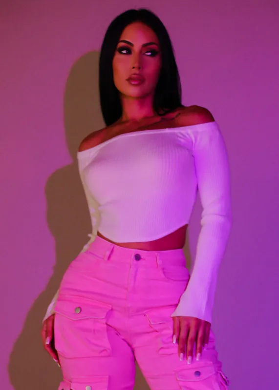 Off Shoulder Long Sleeve White Cropped Sweater sold by Moda
