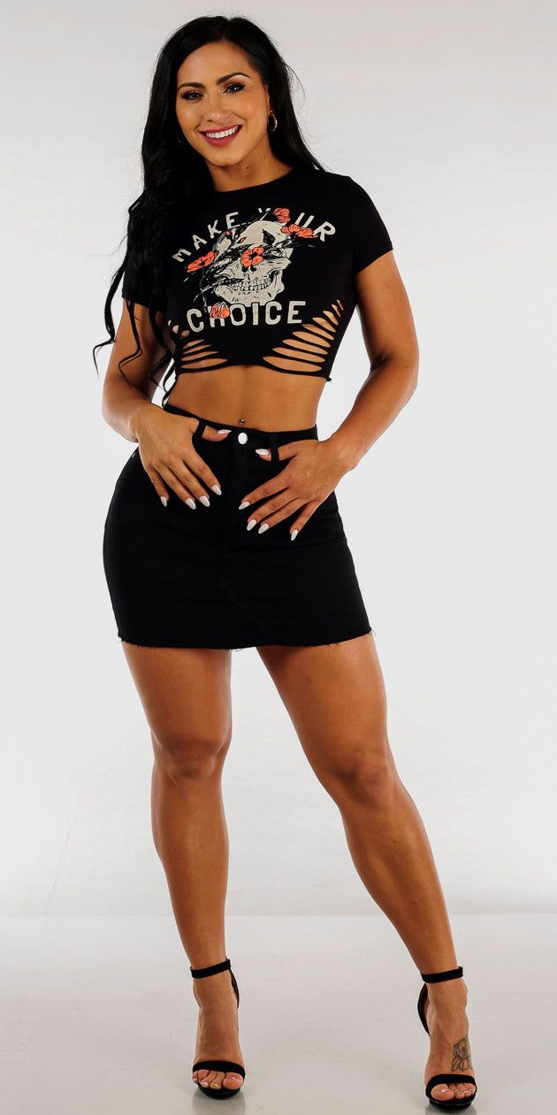 High Rise Black Denim Mini Skirt with Black Cut Out Graphic Crop Top sold by Moda