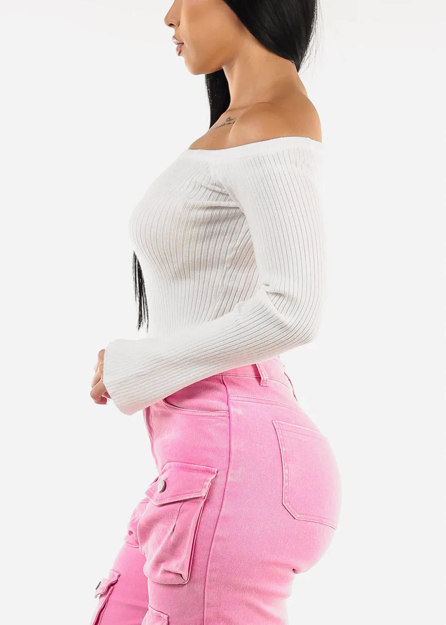 Off Shoulder Long Sleeve White Cropped Sweater sold by Moda product image thumbnail 5