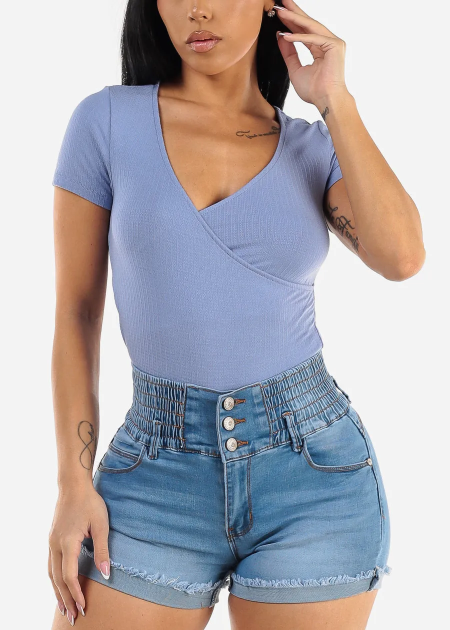 Short Sleeve Surplice Ribbed Top Slate Blue sold by Moda