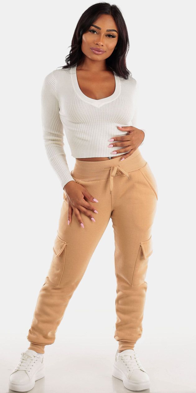 Fleece High Waist Khaki Cargo Sweatpants with Vneck Long Sleeve White Cropped Sweater sold by Moda