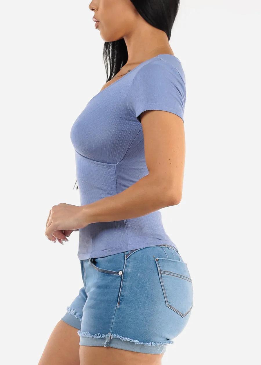 Short Sleeve Surplice Ribbed Top Slate Blue sold by Moda product image thumbnail 3