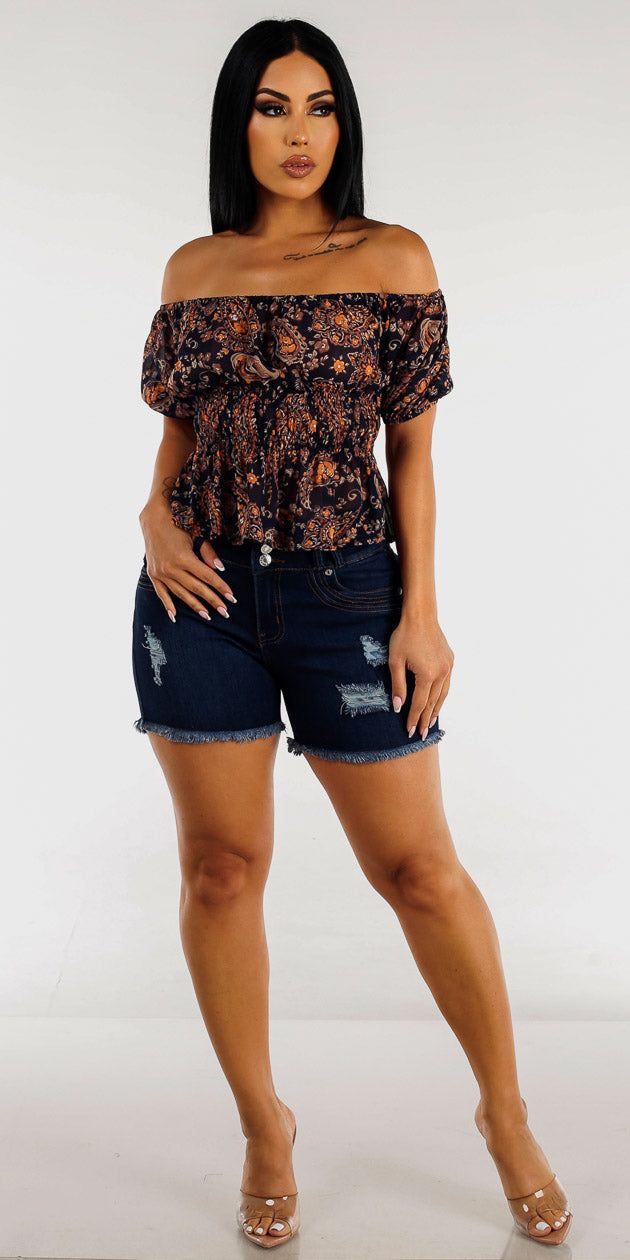 Raw Hem Ripped Butt Lifting Denim Shorts with Navy Off Shoulder Floral Top sold by Moda