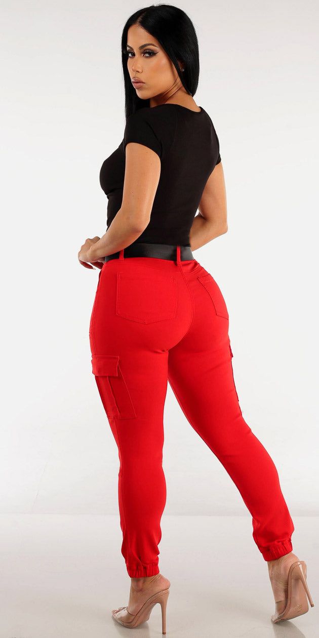 Belted Hyper Stretch Red Cargo Jogger Pants with Short Sleeve Vneck Ruched Top sold by Moda product image thumbnail 2