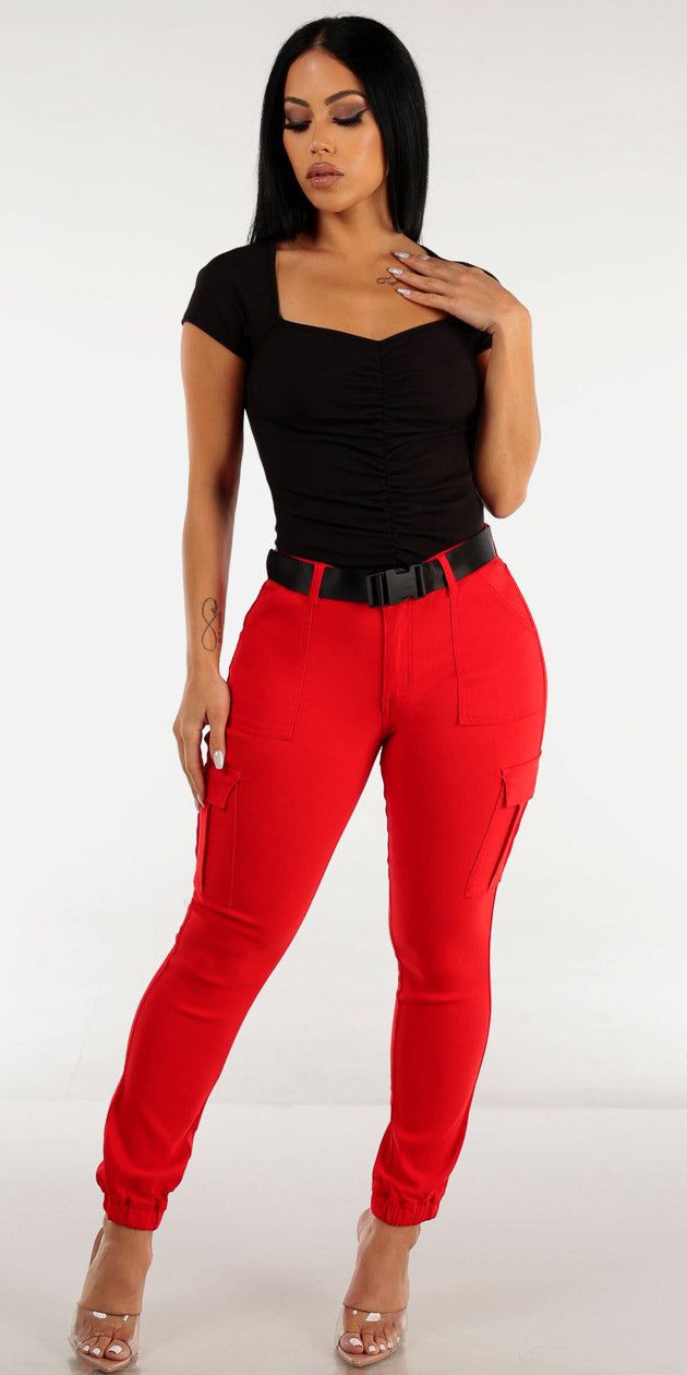 Belted Hyper Stretch Red Cargo Jogger Pants with Short Sleeve Vneck Ruched Top sold by Moda