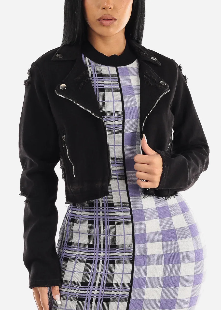 Black Distressed Zip Up Moto Denim Jacket sold by Moda product image thumbnail 5