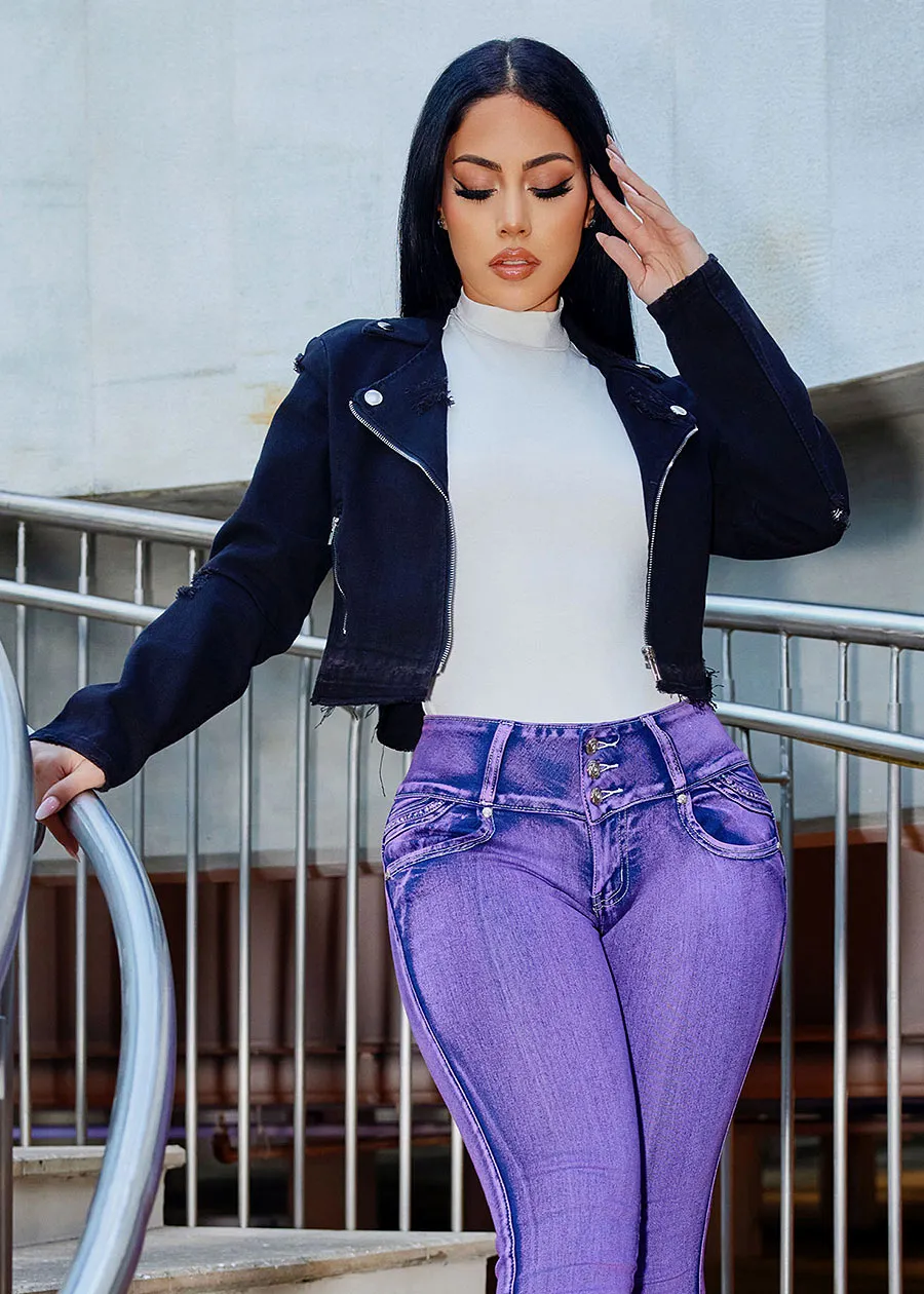 Black Distressed Zip Up Moto Denim Jacket sold by Moda