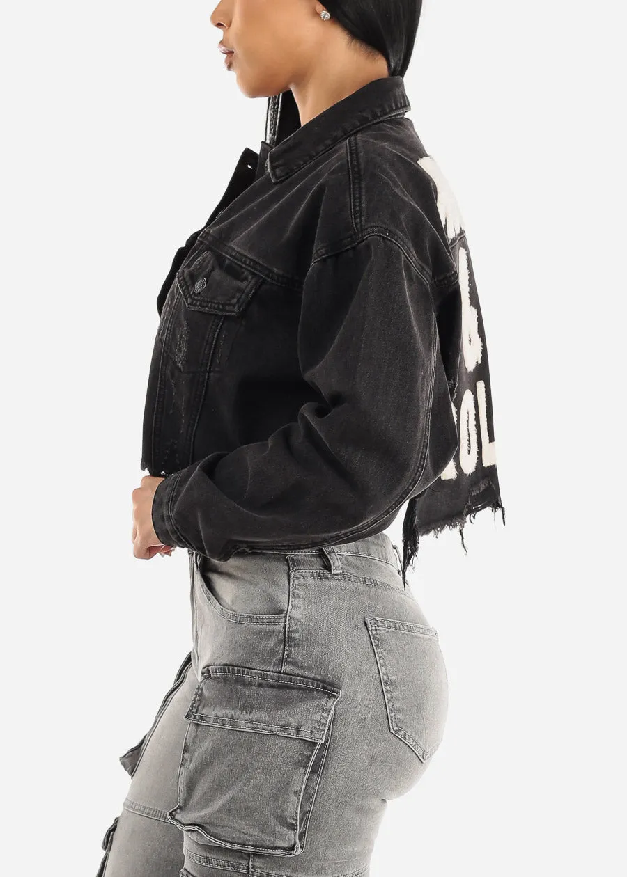 Black Graphic Cropped Denim Jacket "Rock & Roll" sold by Moda product image thumbnail 5
