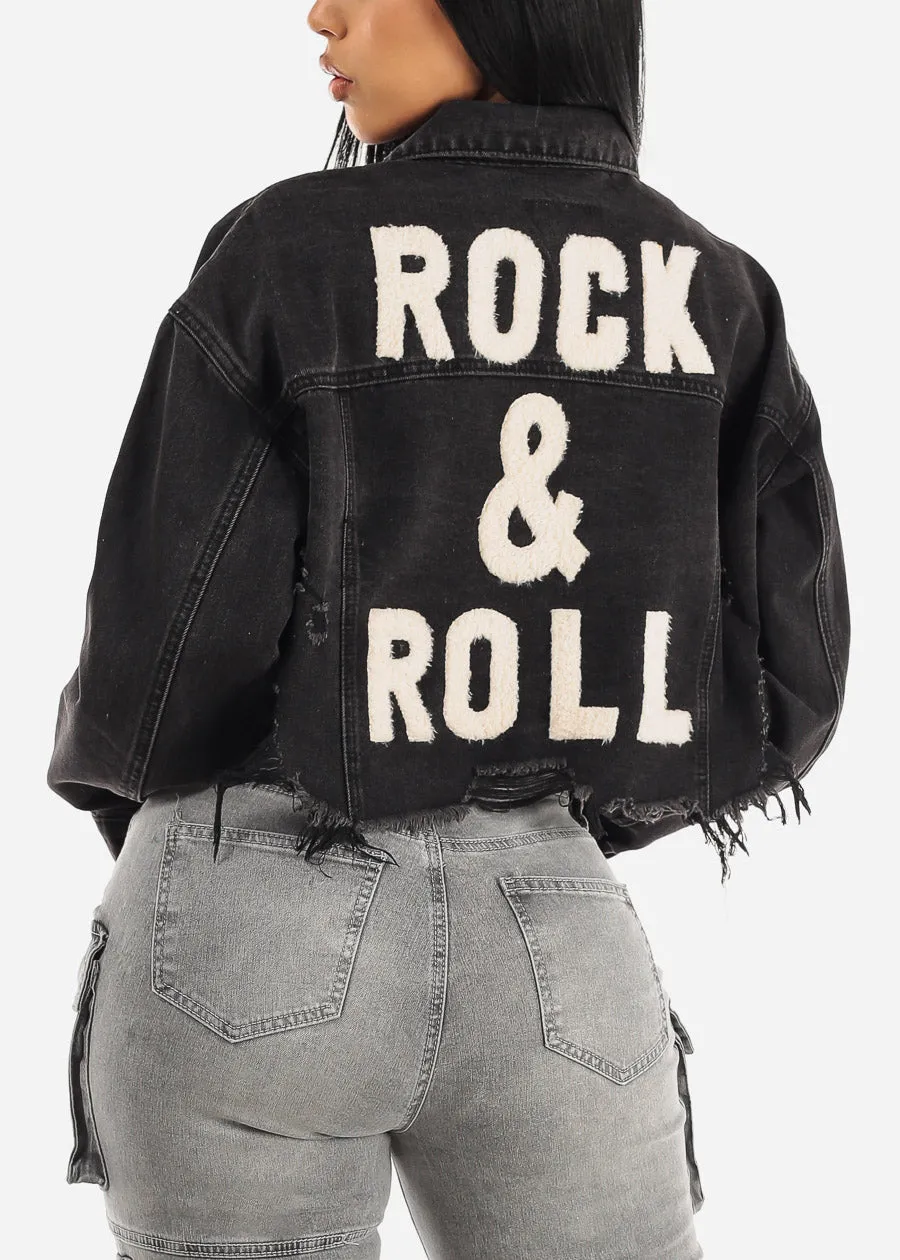 Black Graphic Cropped Denim Jacket "Rock & Roll" sold by Moda