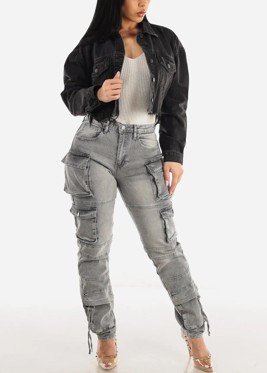 Black Graphic Cropped Denim Jacket "Rock & Roll" sold by Moda product image thumbnail 4