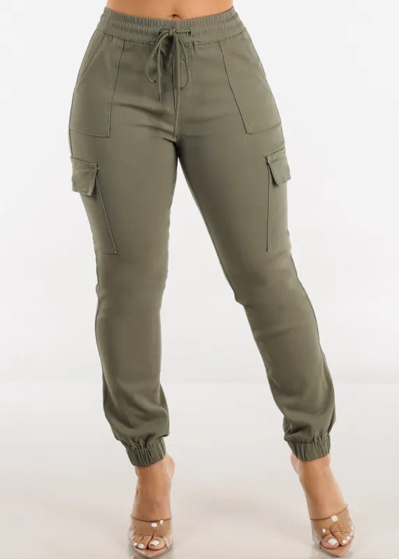 High Waist Drawstring Hyper Stretch Cargo Joggers Olive sold by Moda
