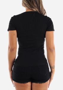Black Button Up Neckline Rib Knit Top sold by Moda