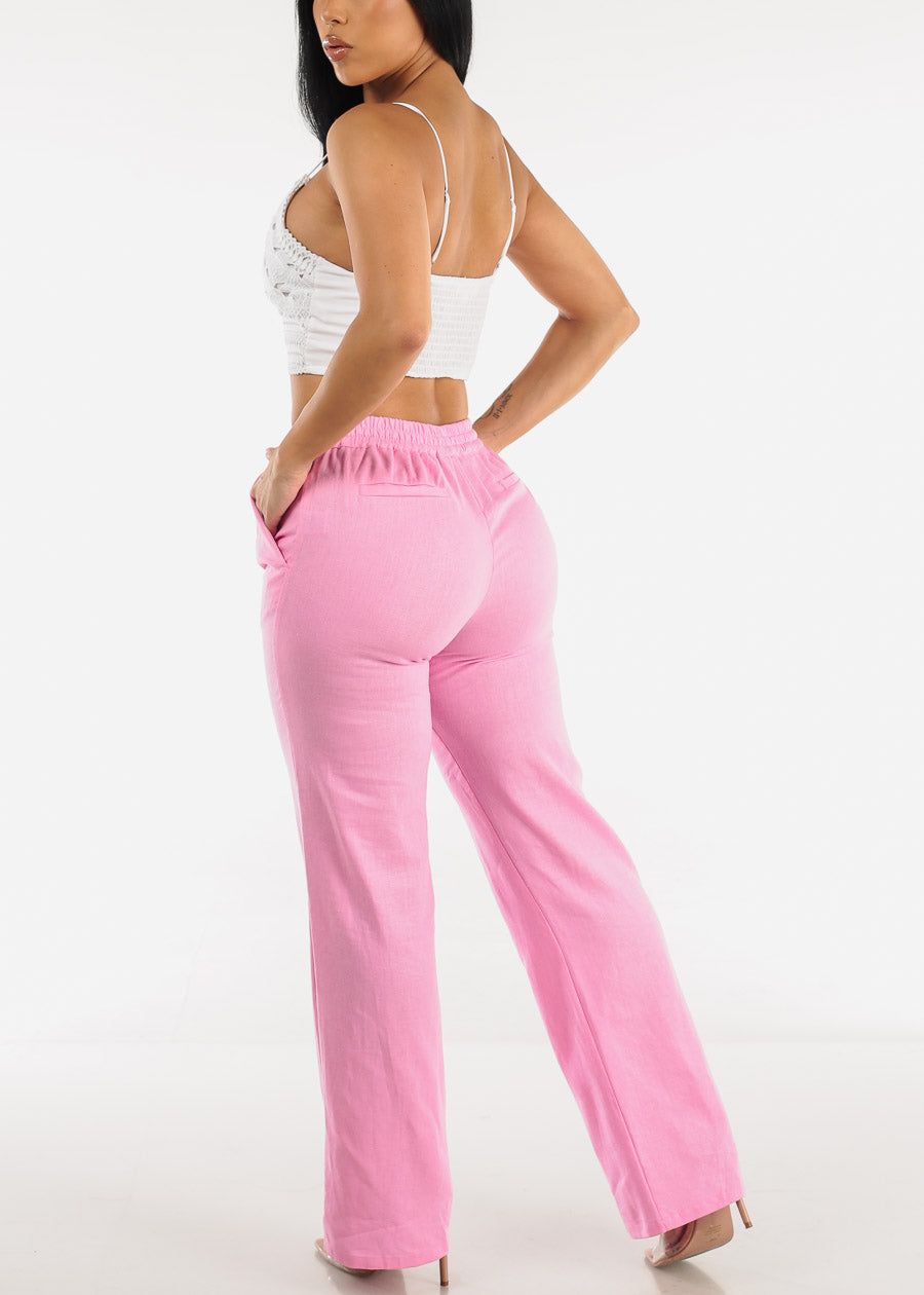Pink Drawstring Waist Wide Leg Linen Pants sold by Moda product image thumbnail 5