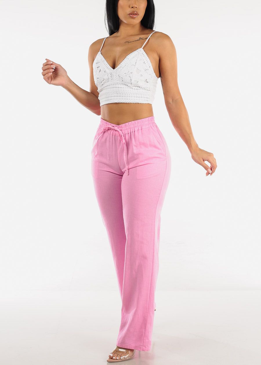 Pink Drawstring Waist Wide Leg Linen Pants sold by Moda product image thumbnail 2