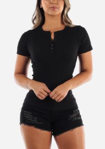 Black Button Up Neckline Rib Knit Top sold by Moda