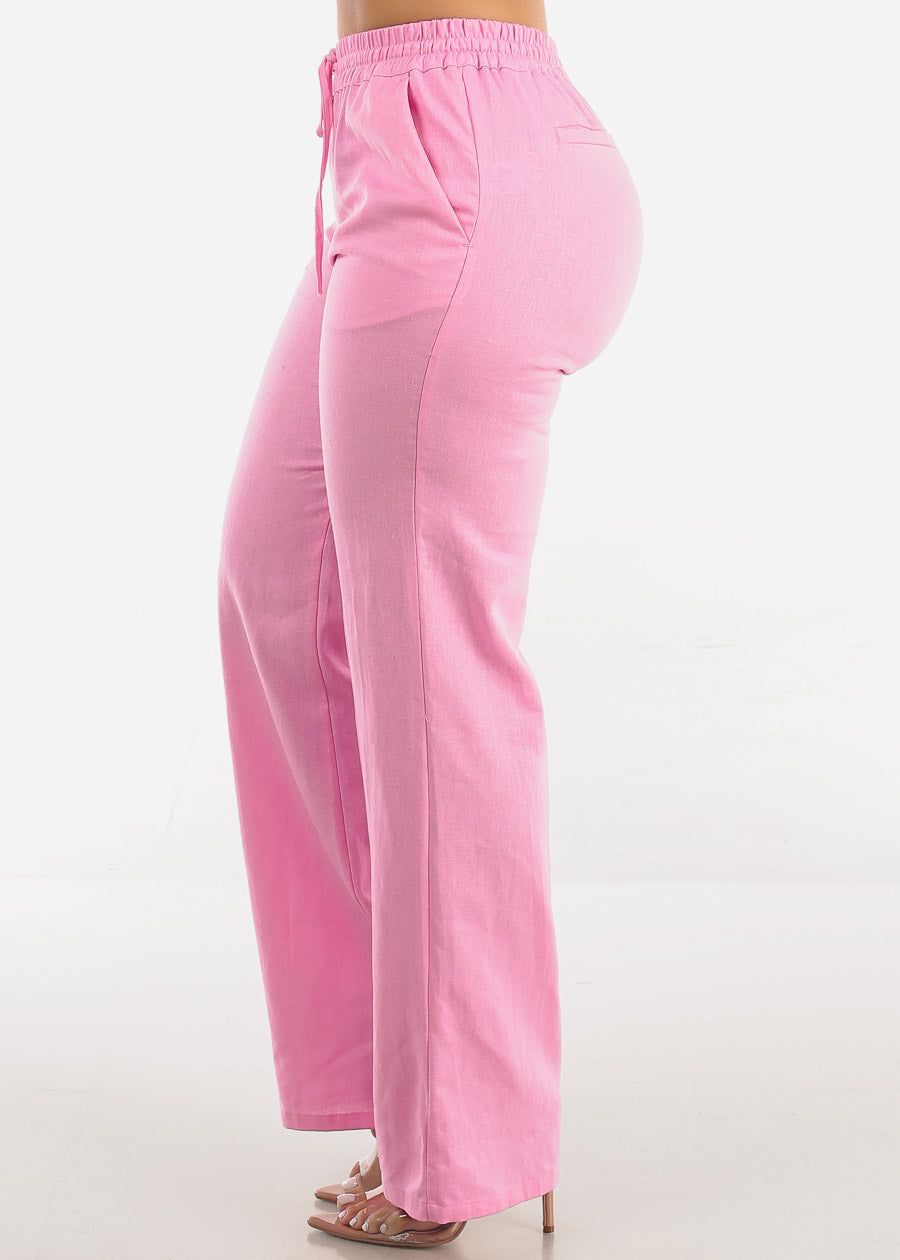 Pink Drawstring Waist Wide Leg Linen Pants sold by Moda product image thumbnail 3