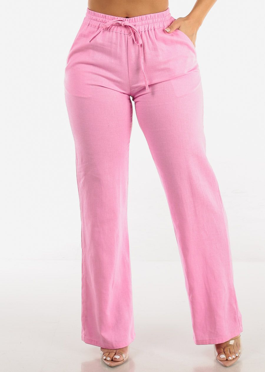 Pink Drawstring Waist Wide Leg Linen Pants sold by Moda