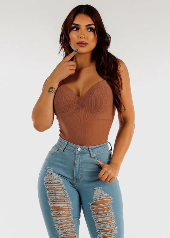 Sleeveless Thin Stripe Mesh Thong Bodysuit Light Brown sold by Moda