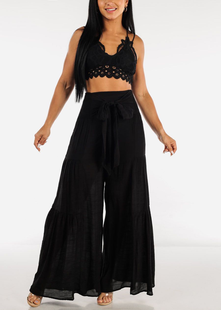 Black High Rise Waist Tie Wide Leg Flare Pants sold by Moda product image thumbnail 3