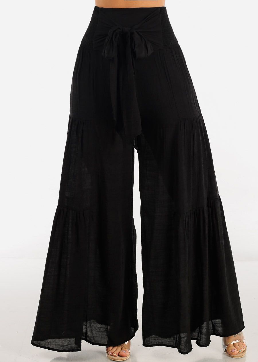 Black High Rise Waist Tie Wide Leg Flare Pants sold by Moda