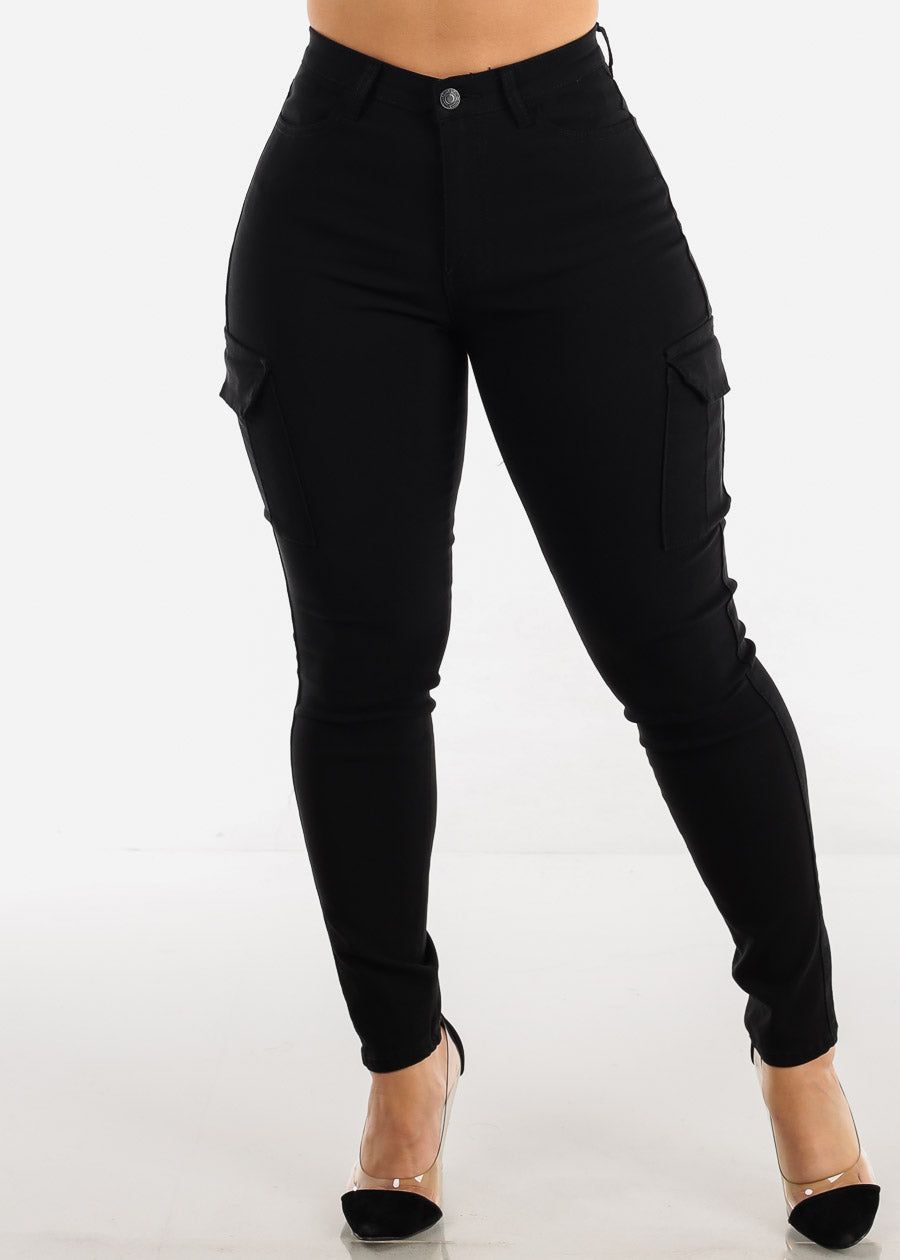 Black Hyper Stretch Cargo Skinny Pants sold by Moda