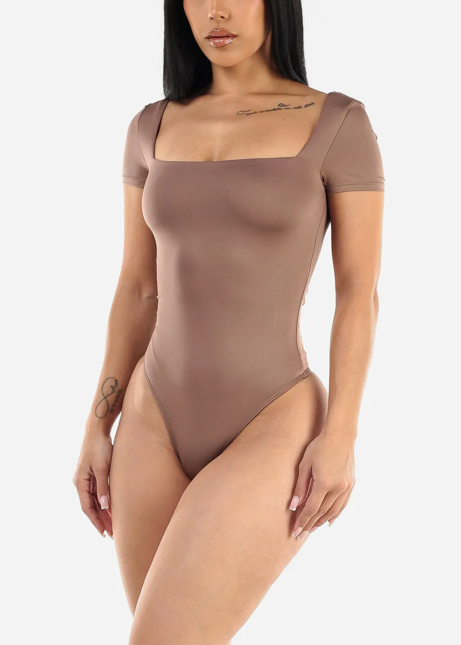 Short Sleeve Square Neck Thong Bodysuit Dark Brown sold by Moda