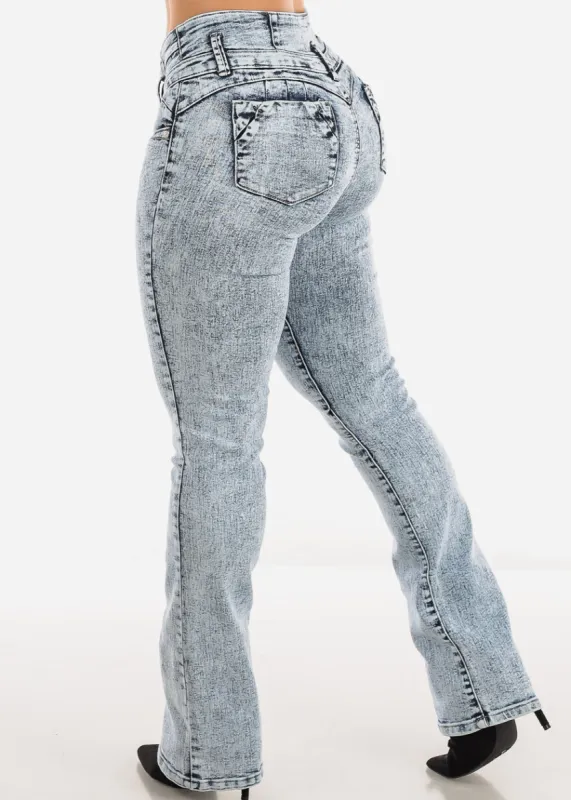 MX JEANS Butt Lifting Mid Rise Acid Wash Bootcut Jeans sold by Moda