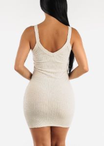 Sleeveless Vneck Ribbed Mini Dress Oatmeal w Button Detail sold by Moda