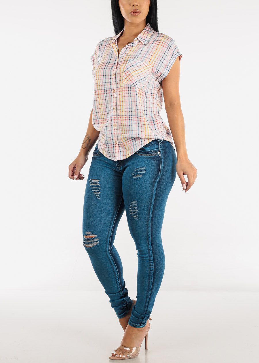 Pastel Plaid Button up Short Sleeve Shirt sold by Moda product image thumbnail 2