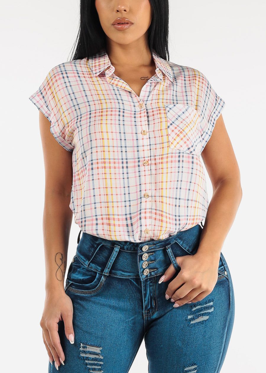 Pastel Plaid Button up Short Sleeve Shirt sold by Moda