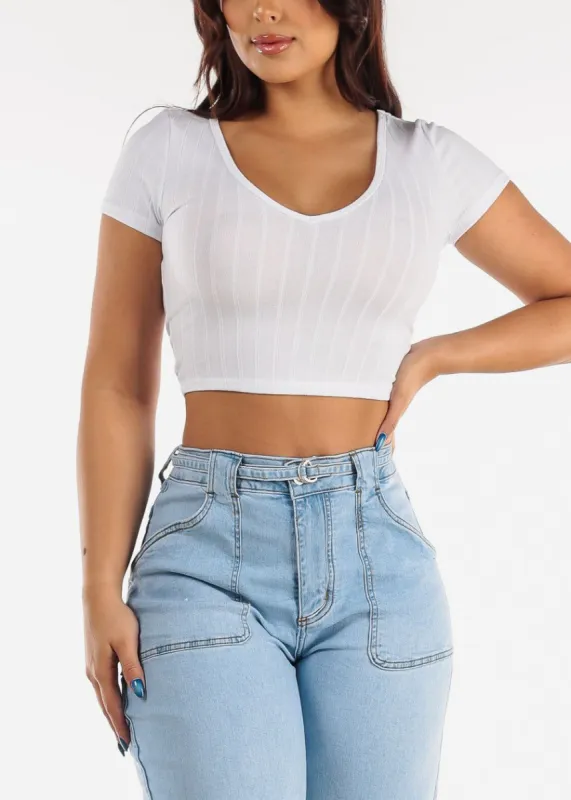 Short Sleeve White Vneck Crop Top sold by Moda