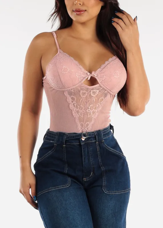 Pink Sleeveless Stripe Mesh & Lace Thong Bodysuit sold by Moda