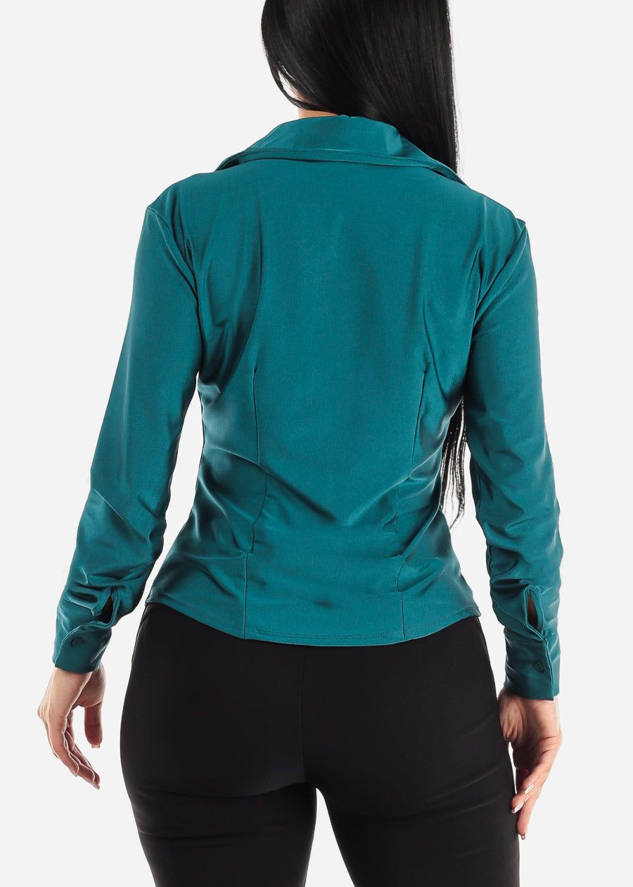 Silky Stretchy Long Sleeve Button Up Shirt Teal sold by Moda product image thumbnail 4