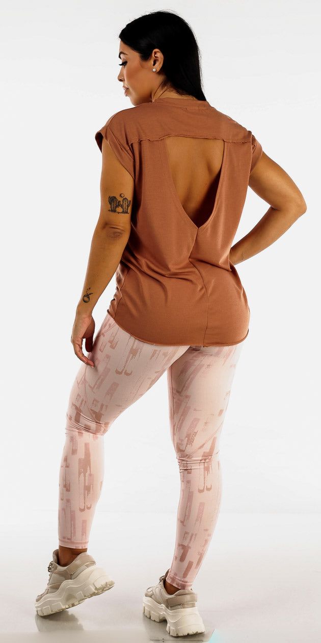 Workout Pink Printed Leggings with Open Back Light Brown Active Tee sold by Moda