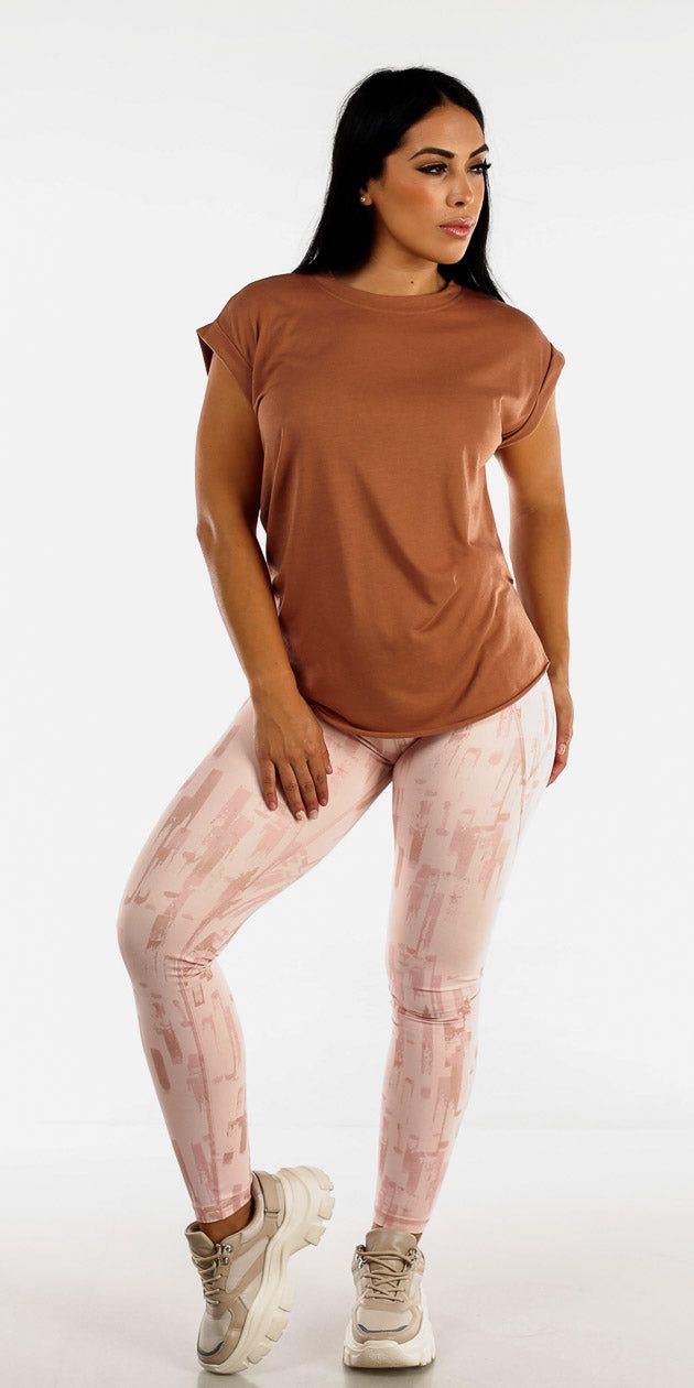 Workout Pink Printed Leggings with Open Back Light Brown Active Tee sold by Moda product image thumbnail 2