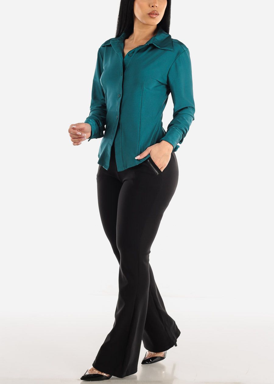Silky Stretchy Long Sleeve Button Up Shirt Teal sold by Moda product image thumbnail 2