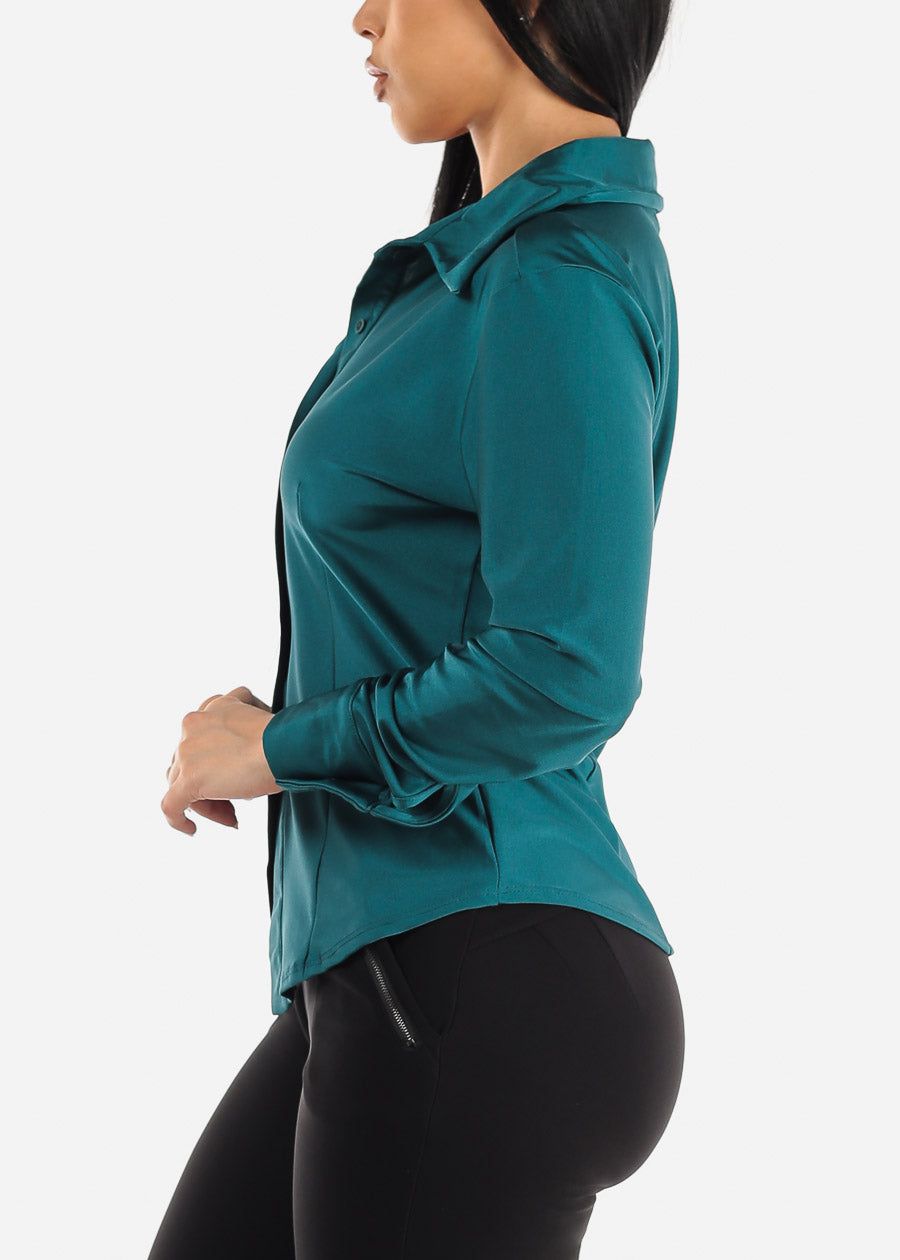 Silky Stretchy Long Sleeve Button Up Shirt Teal sold by Moda product image thumbnail 3