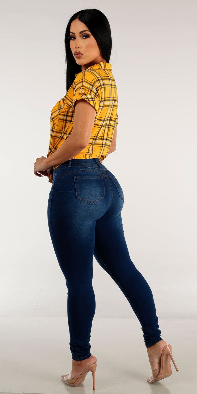 Dark Blue Mid Rise Butt Lift Skinny Jeans with Yellow Plaid Tie Front Button Up Shirt sold by Moda